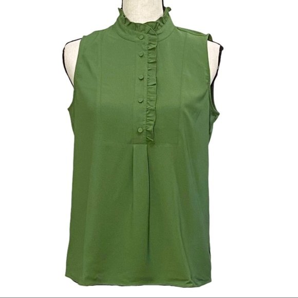 J. Crew Ruffle-Trim Crepe Tank Top in  Faded Moss - Picture 3 of 12